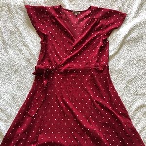 Red with white polka dots, V-neck wrap dress